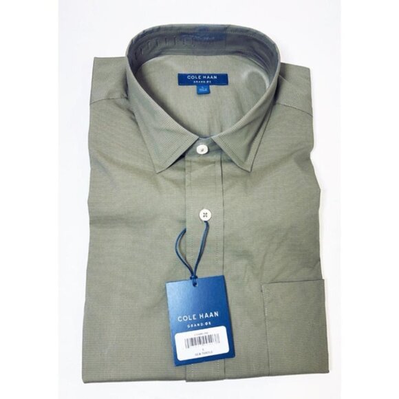 Cole Haan Mens Olive Green Collared Woven Slim Fit Button Up Shirt Sz L New - Picture 3 of 6